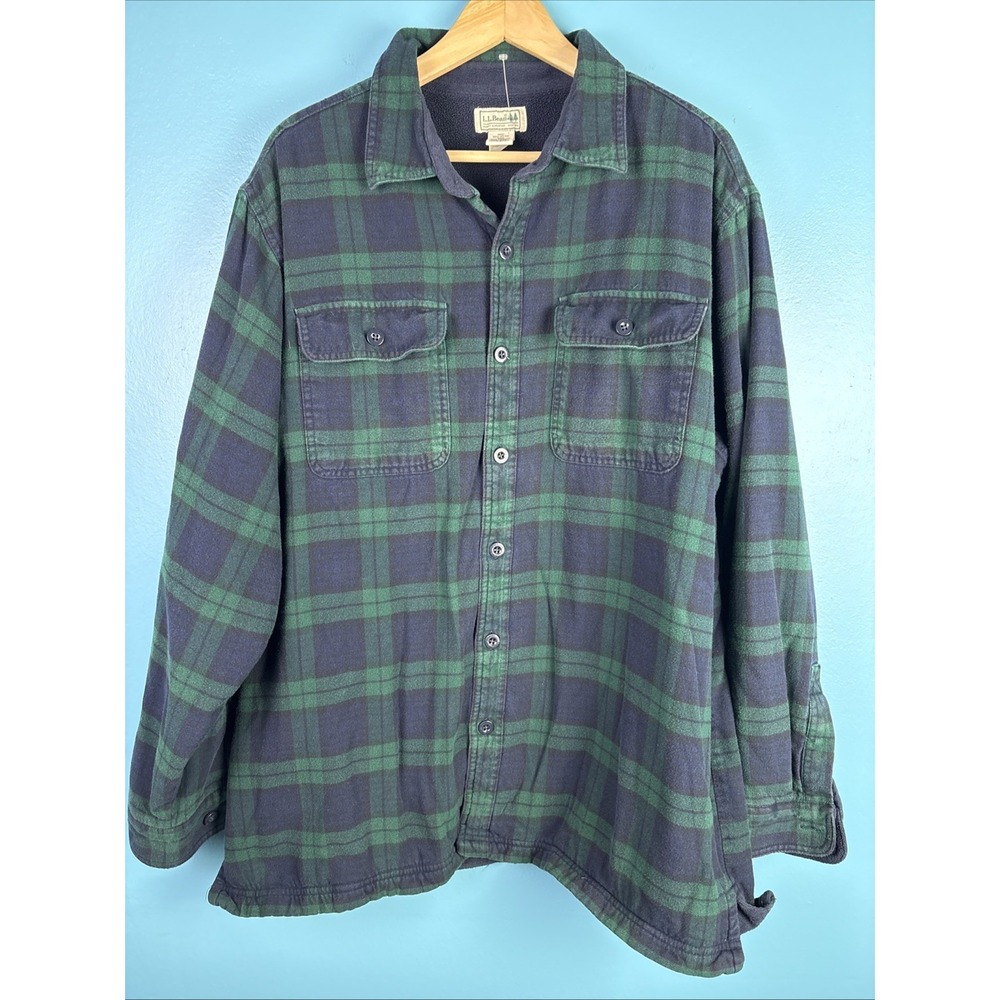 LL Bean Fleece Lined Traditional Fit Blue Plaid Flannel Shirt 250393 XL Reg EUC